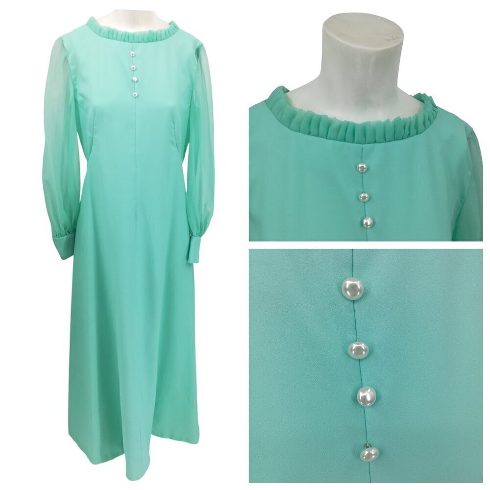 Vintage 70s Sheer Sleeve Maxi Formal Dress Size M/L? Blue Pearl Ruffle Handmade